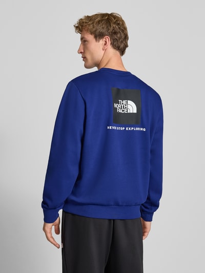 Männermodel trägt Regular Fit Hoodie mit Logo-Detail Modell "EVOLUTION BOX" von The North Face in Blau, Baumwoll-Mix, Ganzkörperansicht Rückansicht. Rückenlänge 62 cm, Ärmellänge 70 cm, elastische Abschlüsse, Rundhalsausschnitt.