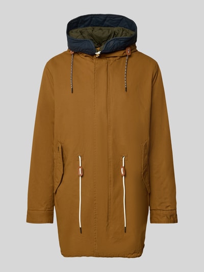 Produktfoto, Regular Fit Mantel aus reiner Baumwolle Modell 'FISHTAIL' von Scotch & Soda in Braun mit Kapuze, sichtbare Kordeln, strukturierte Oberfläche