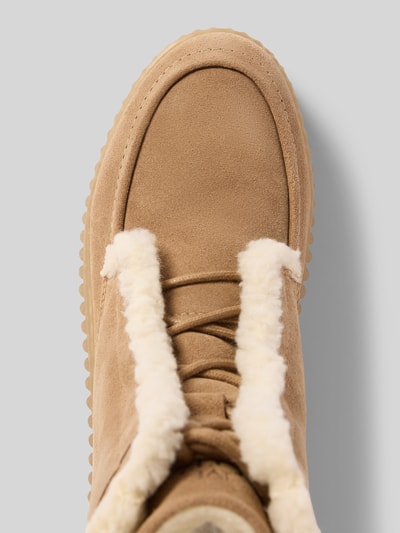 Produktfoto, Stiefeletten aus reinem Rindsvelours von Marc O'Polo w kolorze beżowym, welurowa faktura, okrągły czubek, podeszwa strukturyzowana, matowe wykończenie, sznurowanie i zamek, aplikacja z logo, unikalna damska elegancja
