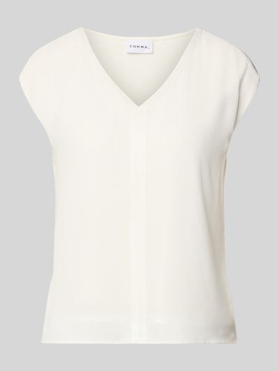 Productfoto, 'T-shirt met V-hals' van comma, dames T-shirt in crèmekleur, Viscose-elastaanmix, Regular Fit, lengte rug maat 36: 53 cm