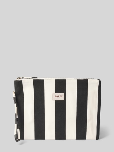 Productfoto, Clutch met logo-patch model 'Juno' van Barts, zwart-wit gestreept, katoenen textuur, hoofdvak met ritssluiting, 31x32x1 cm