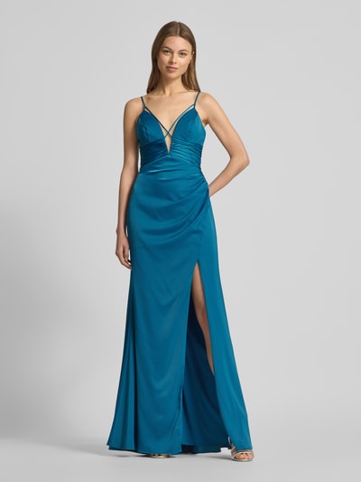 Luxuar Avondjurk met plooien opzij Oceaanblauw - 4