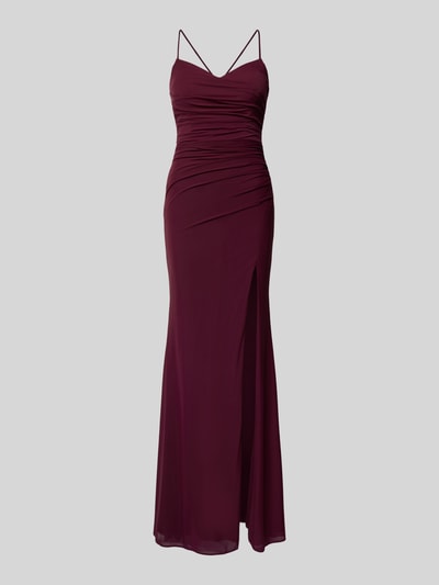 Produktfoto, Slim Fit Abendkleid mit Gehschlitz von Luxuar, Bordeaux, Raffung, Schnürverschluss, Spaghetti-Träger, glatter Stoff