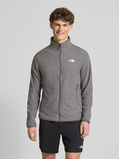 Männermodel trägt Fleecejacke mit Stehkragen Modell 'GLACIER' von The North Face, grau, Reißverschlusstaschen, Ganzkörperansicht von vorne.