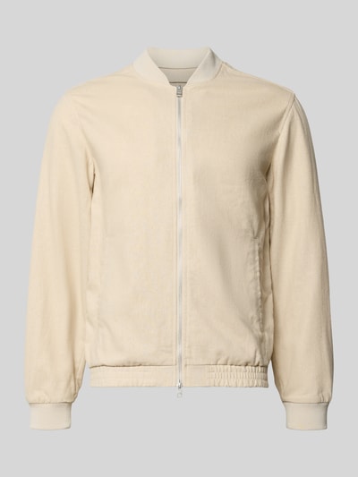 Produktfoto, Jacke aus Baumwoll-Leinen-Mix mit Zweiwege-Reißverschluss von Jack & Jones Premium in Beige, krój regular fit, stójka, długość tyłu w rozmiarze M 68 cm, szerokość ramion w rozmiarze M 45 cm, szerokość klatki piersiowej w rozmiarze M 54 cm, długość rękawa w rozmiarze M 66 cm, gładka tekstura, jasne kolory