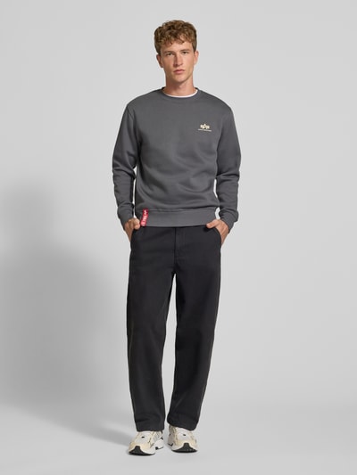Männermodel trägt Sweatshirt mit Label-Details von Alpha Industries in Anthrazit, Baumwoll-Mix, gerader Schnitt, Ganzkörperansicht von vorne.