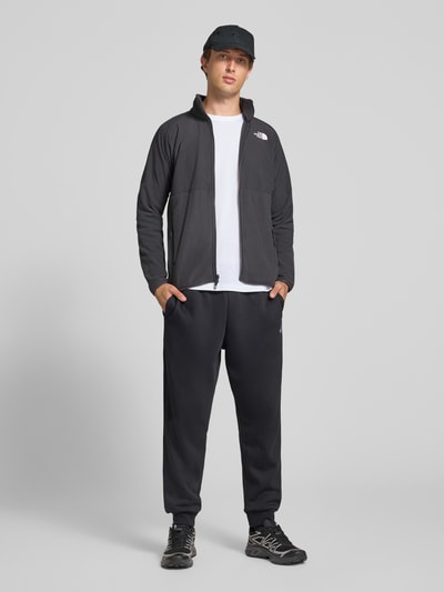 Männermodel trägt Regular Fit Jacke mit Stehkragen Modell 'GLACIER' von The North Face in Schwarz mit Logo-Print, Ganzkörperansicht von vorne.