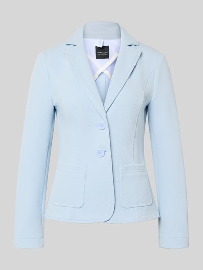 Produktfoto, Slim Fit Blazer mit Reverskragen von Marc Cain, mieszanka bawełny, z dodatkiem streczu, krój slim fit, listwa guzikowa, nakładane kieszenie, długość tyłu w rozmiarze 36: 59 cm, szerokość w rozmiarze 36: 42 cm, długość rękawów w rozmiarze 36: 62 cm, jasnoniebieski, delikatna struktura tkaniny