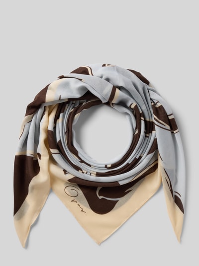 Produktfoto, Schal mit Logo-Print Modell 'Anekki' von Opus, rechteckige Passform, Satin, Breite 120 cm, Länge 120 cm, hellblau, braun, beige Farbflächen, glatte Satin-Oberfläche