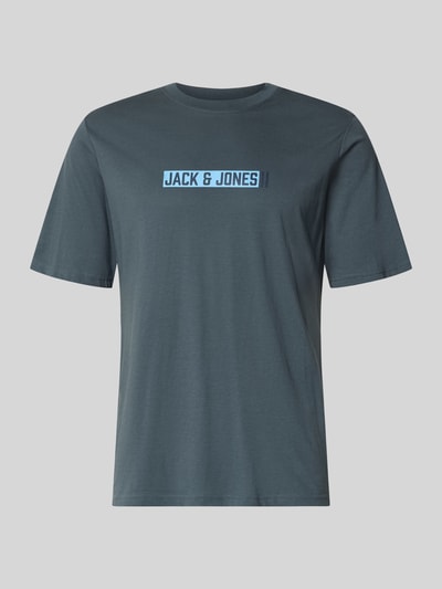 Produktfoto, Regular Fit T-Shirt mit Logo-Print Modell 'Munk' von JACK & JONES aus Reine Baumwolle, blau, glatte Struktur, Herren T-Shirt. Rückenlänge bei Größe M: 74 cm.