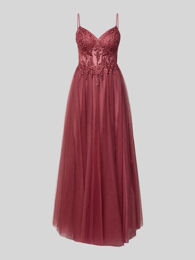 Produktfoto, Abendkleid mit Stitchings und Ziersteinbesatz von Luxuar, bordeauxrot, Tüll, Maxikleid, taillierter Schnitt, Spaghettiträger