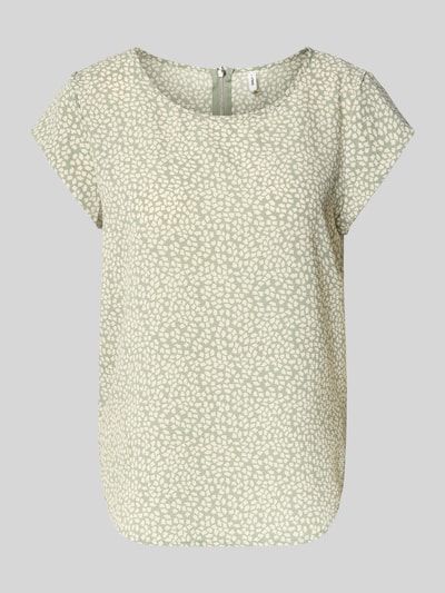 Produktfoto, Relaxed Fit Blusenshirt in Crêpe-Verarbeitung Modell 'VIC' von Only mit Allover-Muster in Hellgrün und Creme, U-Boot-Ausschnitt, abgerundeter Saum