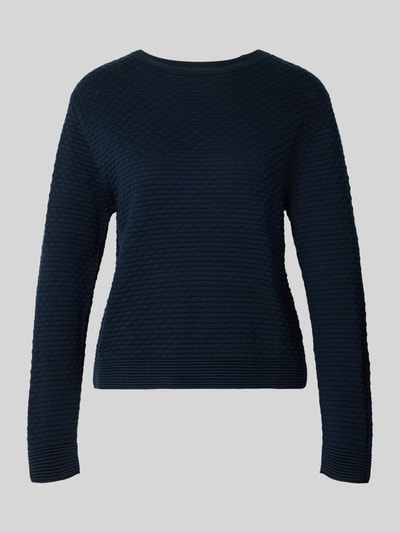 Produktfoto, Regular Fit Pullover aus reiner Baumwolle von Tom Tailor für Damen, dunkelblau, feine Rippstruktur, vor grauem Hintergrund