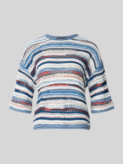 Produktfoto, Strickpullover mit 1/2-Arm von Oui im Allover-Look, Regular Fit, blau-weiß gestreift, Rundhalsausschnitt, Rollsaum