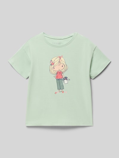 Produktfoto, T-Shirt mit Rundhalsausschnitt und Motiv-Print von Blue Seven, Kinder T-Shirt aus Baumwoll-Mix mit Stretch-Anteil, Gerader-Schnitt, Rückenlänge bei Größe 116: 42 cm.