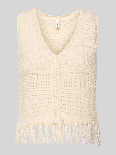 Produktfoto, Regular Fit Weste aus Baumwoll-Mix Modell 'ALIX' von Only in cremefarbener Strickoptik mit Struktur-Muster, Fransen, Ajour-Strick