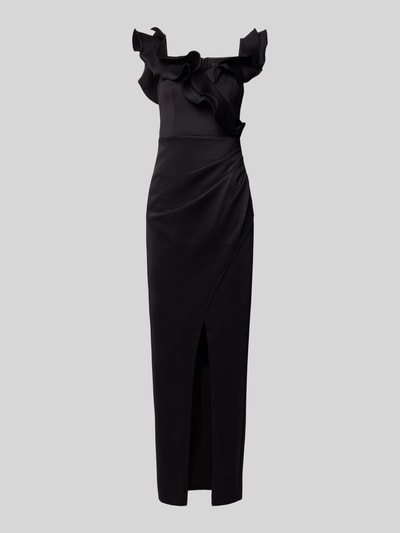 Produktfoto, Abendkleid mit Volants von Lipsy in Schwarz mit Square-Neck-Ausschnitt, Gehschlitz und tailliertem Schnitt, glatte Textur.