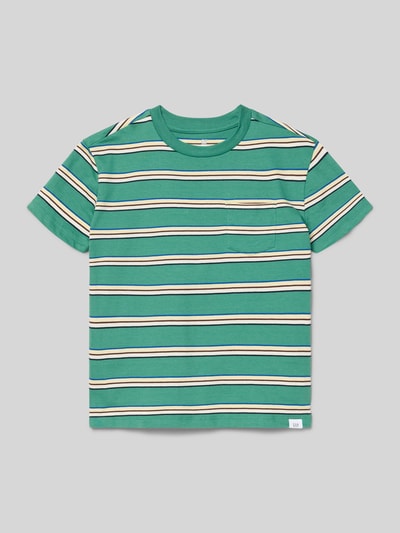 Produktfoto, Regular Fit T-Shirt mit Logo-Detail von GAP, grünes Kinder T-Shirt aus reiner Baumwolle, Rundhalsausschnitt, Streifenmuster, Rückenlänge bei Größe 116: 46 cm