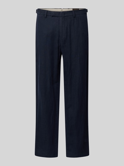 Produktfoto, Leinenhose mit französischen Eingrifftaschen von g1920, Reine Leinen, Straight Fit, Knopf-, Haken- und Reißverschluss, Gesäßleistentaschen, dunkelblau, glatte Textur, Bundweite 44 cm, Innenbeinlänge 79 cm bei Größe 32/32