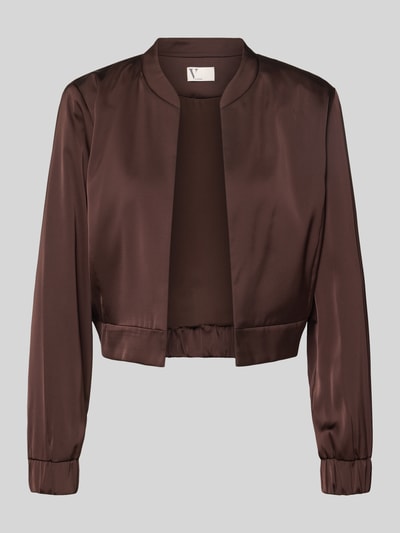 Produktfoto, Regular Fit Blazer mit Stehkragen von V by Vera Mont, brauner Satin, offenes Design, glatte Textur, Rückenlänge 45 cm