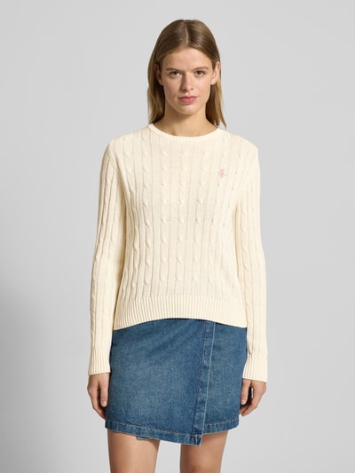 REVIEW Slim Fit Strickpullover mit Rundhalsausschnitt und Zopfmuster Offwhite 4