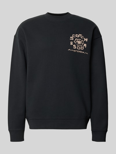 Produktfoto, Relaxed Fit Pullover mit Logo-Print von Scotch & Soda aus Reine Baumwolle in Schwarz mit Logo-Print, Rundhalsausschnitt, Elastische Abschlüsse, Rückenlänge bei Größe M 70 cm, Ärmellänge bei Größe M 63 cm