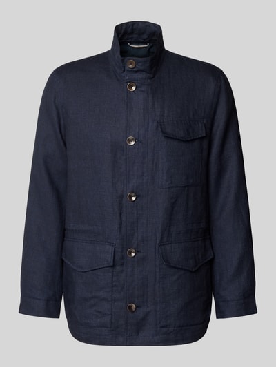 Produktfoto, Leinenjacke mit Stehkragen und Pattentaschen von bugatti, granatowy, czyste len, krój regular fit, kieszenie z patką, widoczne guziki