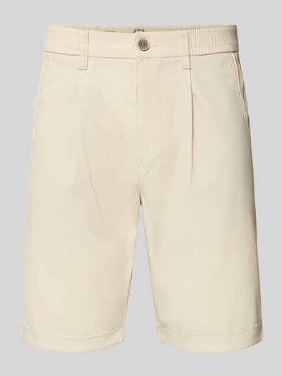 Produktfoto, Chino Shorts mit Gesäßleistentaschen von Lerros aus beigem Baumwoll-Mix mit Stretch-Anteil, Straight Fit, Bundweite 42 cm, Innenbeinlänge 24 cm, französische Eingrifftaschen, elastischer Bund mit Knopf- und Reißverschluss, glatte Textur.