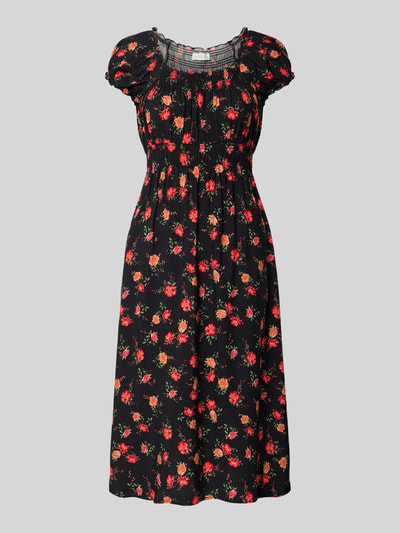 Produktfoto, Midikleid aus Viskose mit Karree-Ausschnitt von Apricot, schwarzer Stoff mit rot-gelbem Blumenmuster, taillierte Passform, Puffärmel, Raffungen, weiche Textur