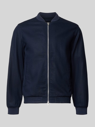 Productfoto, Jacke aus Baumwoll-Leinen-Mix mit Zweiwege-Reißverschluss van Jack & Jones Premium, regular fit in donkerblauw, opstaande kraag, zichtbare structuur, katoen-linnenmix, two-way ritssluiting, lengte 68 cm, schouderbreedte 45 cm, borstwijdte 54 cm, mouwlengte 66 cm