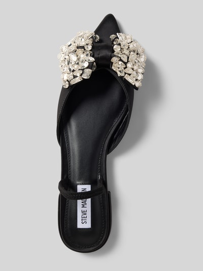 Produktfoto, czarne buty wsuwane Slipper mit Ziersteinbesatz Modell 'Sloane' von Steve Madden, obszycie ozdobnymi kamieniami, ozdobna kokarda, krój spiczasty, otwarta pięta, gładka podeszwa, wysokość obcasa 2 cm, rozmiar 40.