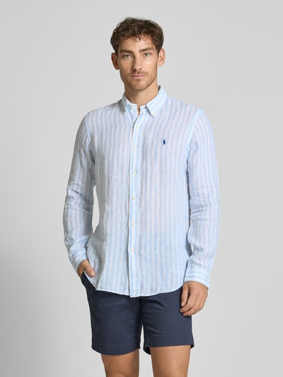 Polo Ralph Lauren Custom Fit Leinenhemd mit Button-Down-Kragen Hellblau 4