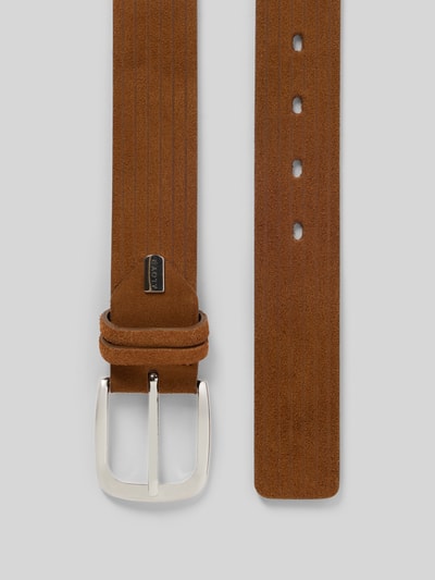 Produktfoto, Gürtel mit Label-Detail von Lloyd Men's Belts aus braunem echtem beschichteten Leder mit Dornschließe und 3 cm Breite