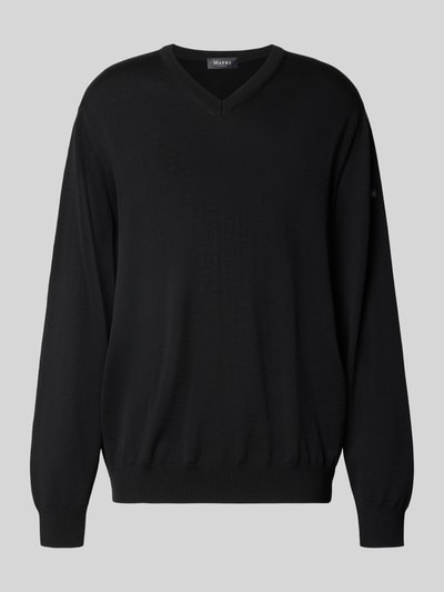 Produktfoto, Regular Fit Strickpullover aus reiner Schurwolle mit V-Ausschnitt von MAERZ Muenchen in Schwarz, elastische Abschlüsse, Rückenlänge 69 cm, Ärmellänge 67 cm