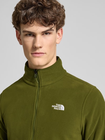 Männermodel trägt Fleecejacke mit Stehkragen Modell 'GLACIER' von The North Face in Olivgrün, Fleece, Nahaufnahme Oberkörper.