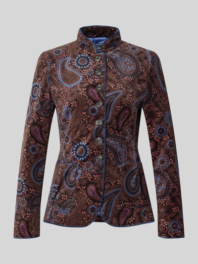 Produktfoto, Slim Fit Blazer mit Viskose-Anteil und Stehkragen von White Label, braun-blaues Paisley-Muster, Material-Mix mit Zierbordüre