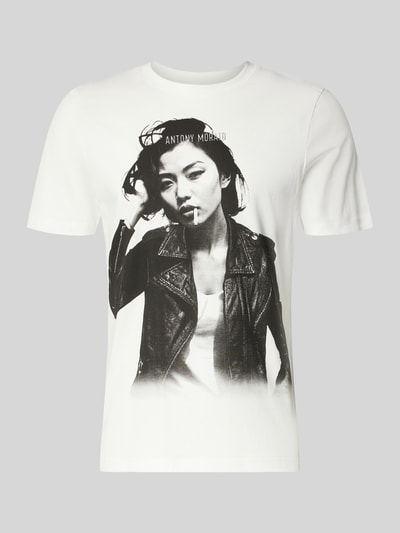 Produktfoto, weißes Regular Fit T-Shirt aus reiner Escorial-Wolle von Antony Morato mit Label-Print, Rundhalsausschnitt, Größe M 70 cm Rückenlänge