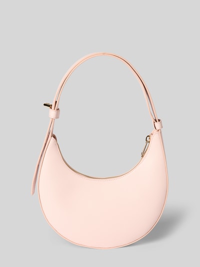 Produktfoto, handtas uit echt leer met labeldetail, model 'DELIZIA MINI' van FURLA, hoofdvak met ritssluiting, draagband, lichtroze kleur, breedte 18 cm, lengte 20 cm, diepte 3 cm, schouderbandlengte 35 cm