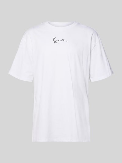 Produktfoto, Oversized T-Shirt mit Logo-Stitching von KARL KANI aus reiner Baumwolle im Oversized-Fit, weiß, Rundhalsausschnitt, Rückenlänge 72 cm bei Größe M.