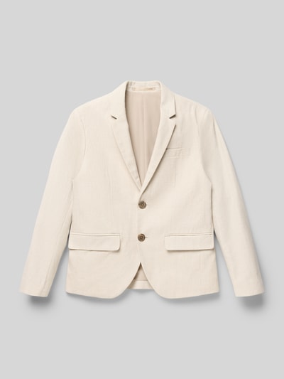 Produktfoto, heller Regular Fit Blazer aus Baumwoll-Leinen-Mix Modell 'MARTIN' von Jack & Jones mit Reverskragen und Pattentaschen, strukturierte Oberfläche, Rückenlänge bei Größe 140: 55 cm, Schulterbreite 35 cm, Ärmellänge 52 cm.