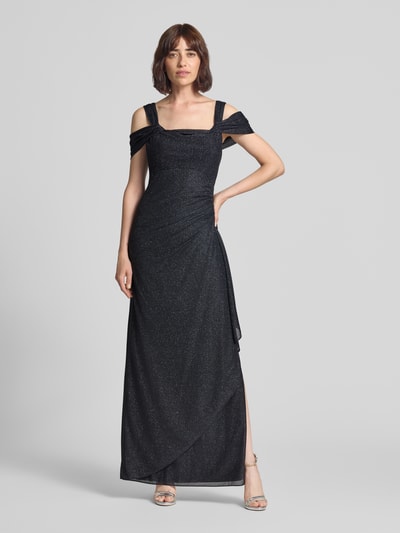 Frauenmodel trägt Empire Abendkleid aus Chiffon von Vera Mont in Dunkelblau mit schimmernder Oberfläche, Ganzkörperansicht von vorne.