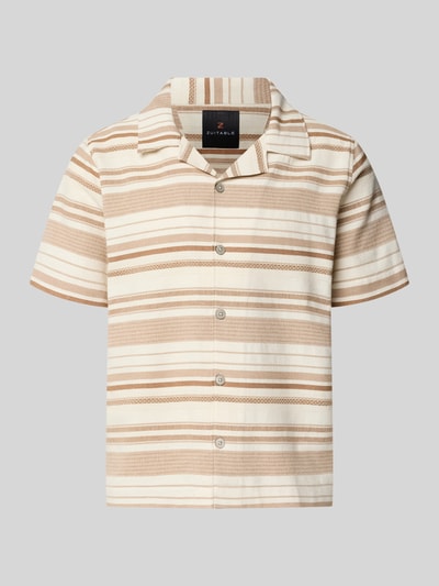 Produktfoto, Regular Fit Freizeithemd mit Reverskragen Modell 'Carlo' von Zuitable, Baumwoll-Mix, beige-braunes Streifenmuster, Knopfleiste, Allover-Look