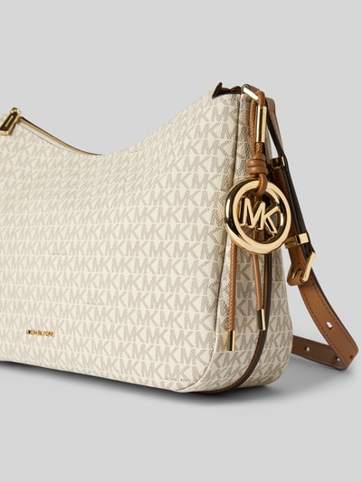 Produktfoto, beige Handtasche mit Logo-Muster Modell 'NOLITA' von MICHAEL Michael Kors, Goldakzente, strukturierte Oberfläche, Schulterriemen, Hauptfach mit Reißverschluss, Maße 40x25x11 cm, Riemenlänge 118 cm