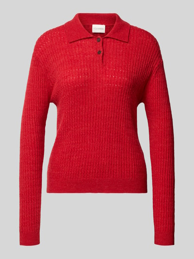 Produktfoto, Regular Fit Strickpullover aus Woll-Mix mit Alpaka-Anteil von Closed, czerwony, ścieg warkoczowy, kołnierzyk polo, mieszanka wełny z alpaką, krój regular fit, długie rękawy, prążkowane wykończenia, długość tyłu w rozmiarze S: 58 cm, długość rękawów: 62 cm