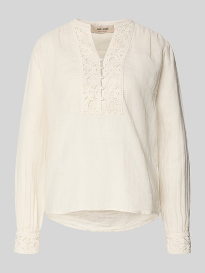 Produktfoto, Regular Fit Bluse mit V-Ausschnitt Modell Evanda von MOS MOSH, len-bawelniany miks, krój regular fit, kremowa, faktura gładka, guziki, długość tyłu w rozmiarze S: 67 cm, długość rękawa w rozmiarze S: 63 cm