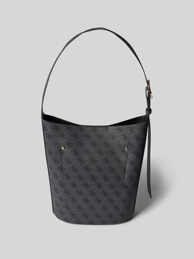 Produktfoto, Handtasche mit Logo-Muster Modell 'MERIDIAN II' von Guess, graues Muster, Label-Applikation, breite Form, strukturierte Oberfläche