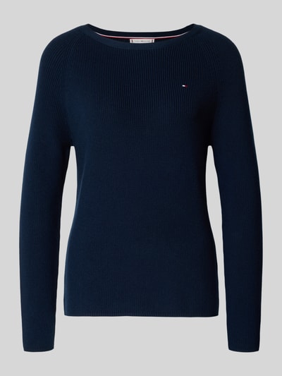 Productfoto, Regular Fit Pullover aus reiner Baumwolle van Tommy Hilfiger in effen donkerblauw met logo-stitching, ronde hals, geribd breisel