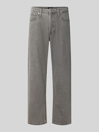 Produktfoto, Straight Fit Jeans aus reiner Baumwolle Modell 'Eddie' von JACK & JONES in Grau mit 5-Pocket-Design, Textur fein, Vorderansicht.