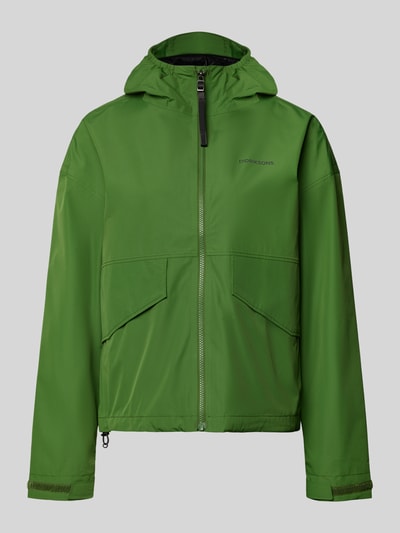 Productfoto, Jacke mit Pattentaschen Modell 'MILENA' van Didriksons in groene kleur, rechte pasvorm, kap, klepzakken, mouwriem, doorlopende ritssluiting, trekkoord in de zoom, labelprint, gladde textuur, maat 36: ruglengte 60 cm, schouderbreedte 60 cm, borstwijdte 55 cm, mouwlengte 66 cm.