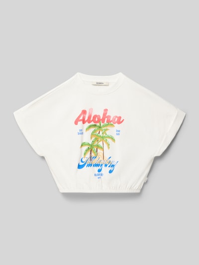 Produktfoto, T-Shirt mit Motiv-Print und elastischem Saum von Garcia in Weiß, Kinder T-Shirt aus Reine Baumwolle, Rundhalsausschnitt, Loose-Fit, Motiv-Print, Ärmel mit Aufschlag, Label-Detail, Rückenlänge 41 cm bei Größe 140.